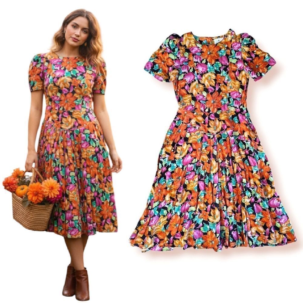 VTG 80s Bright Floral V Waist Midi Dress SZ 12 *Fits like Med Gardencore